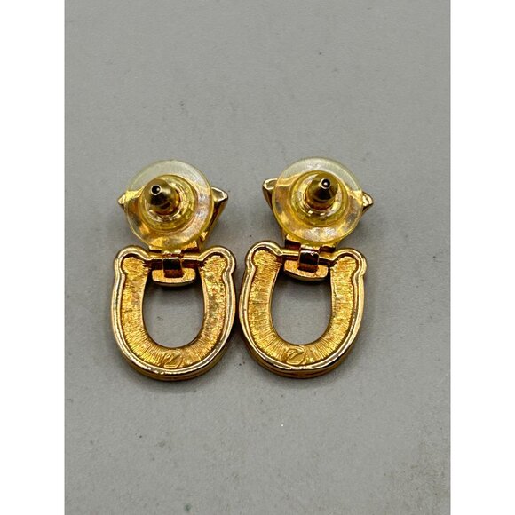 Swarovski Earrings Swan Signed Gold Tone Crystal Horseshoe Door Knockers - Picture 4 of 5